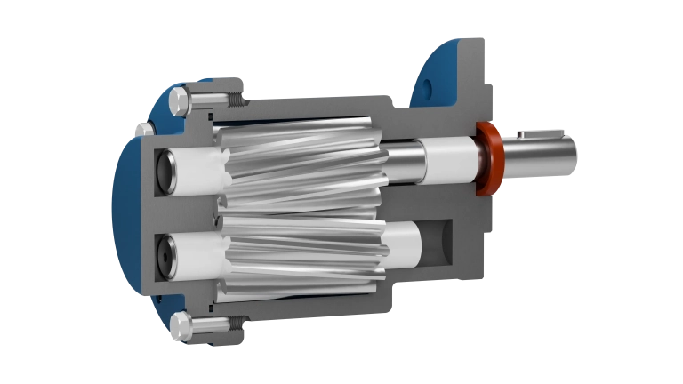 Sectional view of the F 590 flange gear pump with gears and shaft seal