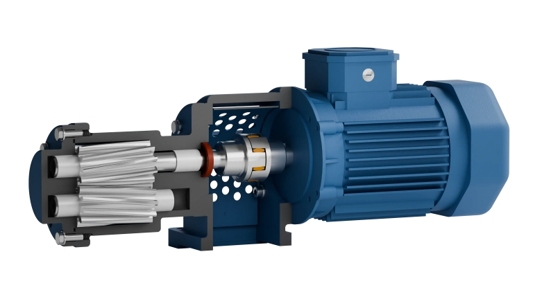 Sectional view of the FKM 590 electric gear pump with ROTEX jaw coupling and aluminium bracket
