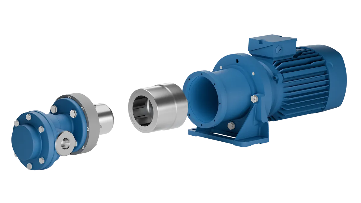 Exploded view of the FOM MG gear pump with magnetic coupling, containment can, magnet rotor and pump head