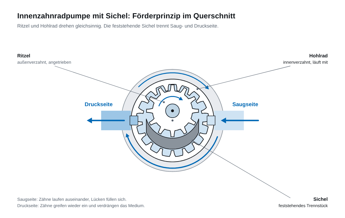 Technical graphic of an internal gear pump in cross section with pinion, internally toothed ring gear, fixed crescent and suction and pressure side